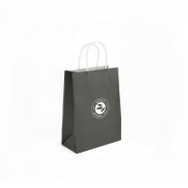 Bolsa de papel negra con asa rizada y logo Alveus